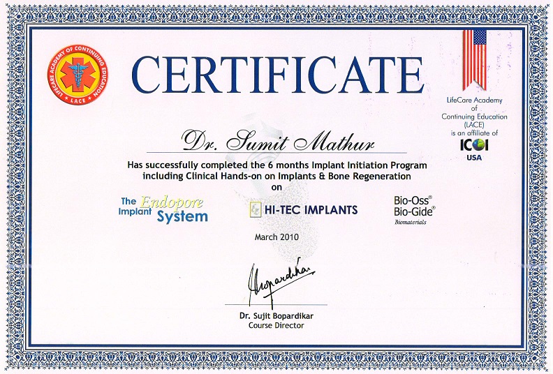 Dr. Sumit Mathur — award certificate