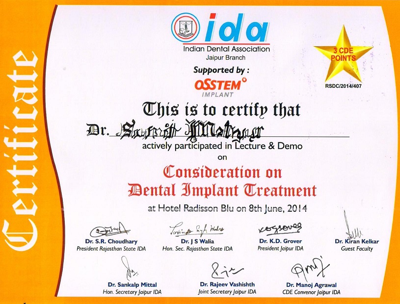 Dr. Sumit Mathur — award certificate
