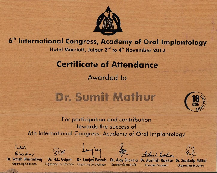 Dr. Sumit Mathur — award certificate