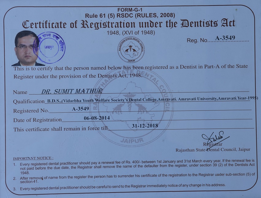 Dr. Sumit Mathur — award certificate