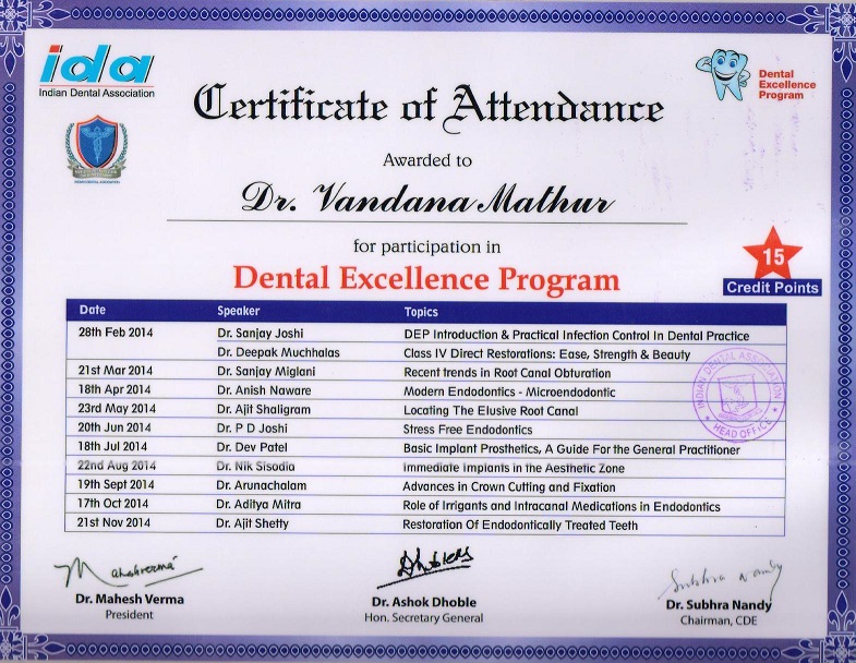Dr. Vandana Mathur — award certificate