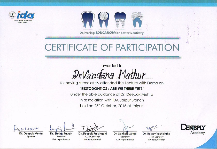 Dr. Vandana Mathur — award certificate