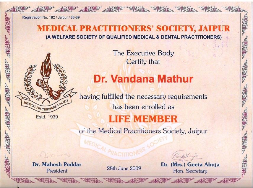 Dr. Vandana Mathur — award certificate