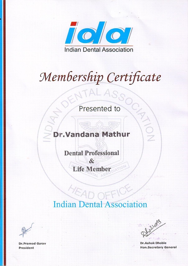 Dr. Vandana Mathur — award certificate