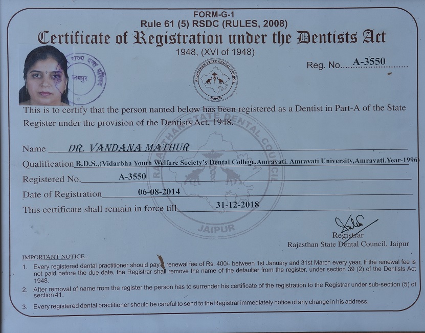 Dr. Vandana Mathur — award certificate